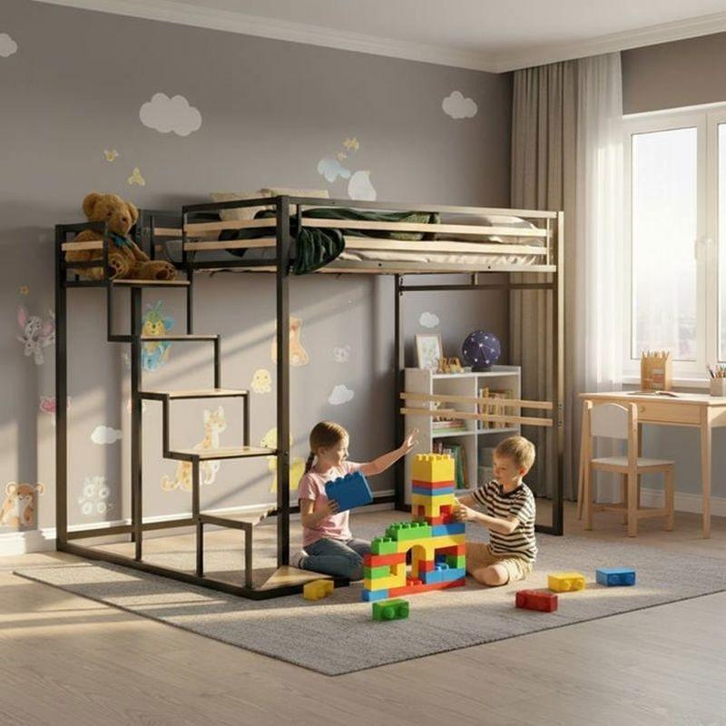Siyah Metal ve MDF Merdivenli Endüstriyel Tasarım Altı Boş Ranza - 140x200 cm - 125767