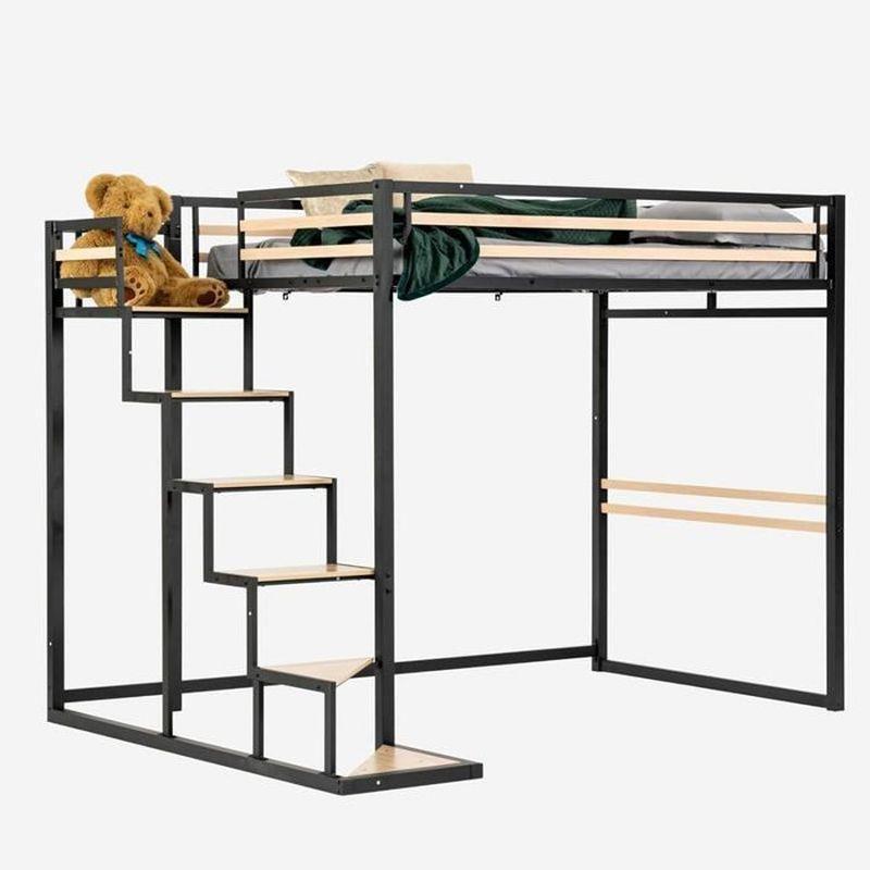 Siyah Metal ve MDF Merdivenli Endüstriyel Tasarım Altı Boş Ranza - 140x200 cm - 125767