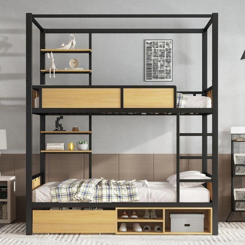 Siyah Metal ve MDF Raflı Çekmeceli Ranza - 90x200 cm - 125884