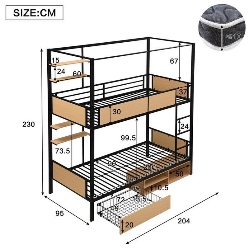 Siyah Metal ve MDF Raflı Çekmeceli Ranza - 90x200 cm - 125884