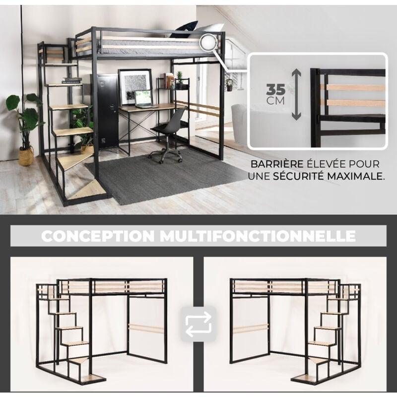 Siyah Metal ve Meşe Desenli Merdivenli Altı Boş Ranza - 140x200 cm - 124994
