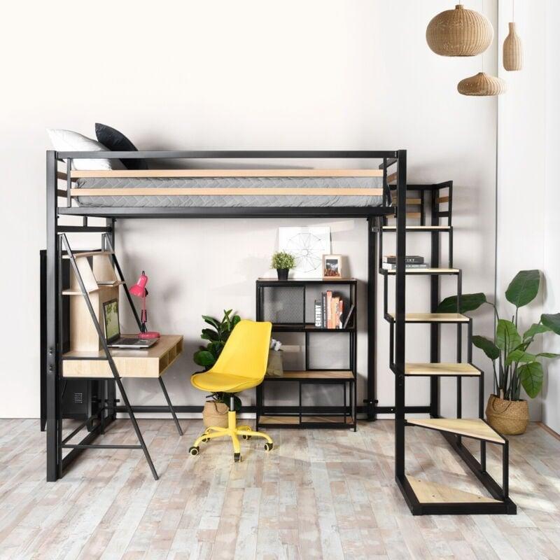 Siyah Metal ve Meşe Desenli Merdivenli Altı Boş Ranza - 140x200 cm - 124994