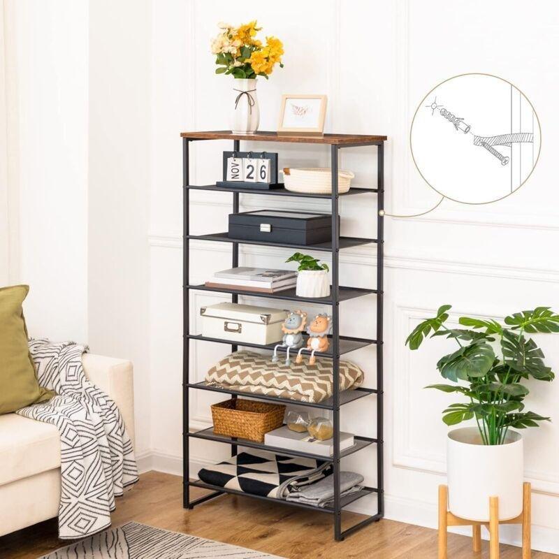 Siyah Metal ve Rustik Kahve Ahşap Üst Tablalı 8 Katlı Ayakkabılık - 60x29x126 cm - 120397