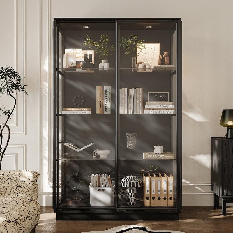 Siyah Metal ve Temperli Cam LED Işıklı Sürgülü Kapaklı Vitrin Kitaplık - 123x60x190 cm - 141499