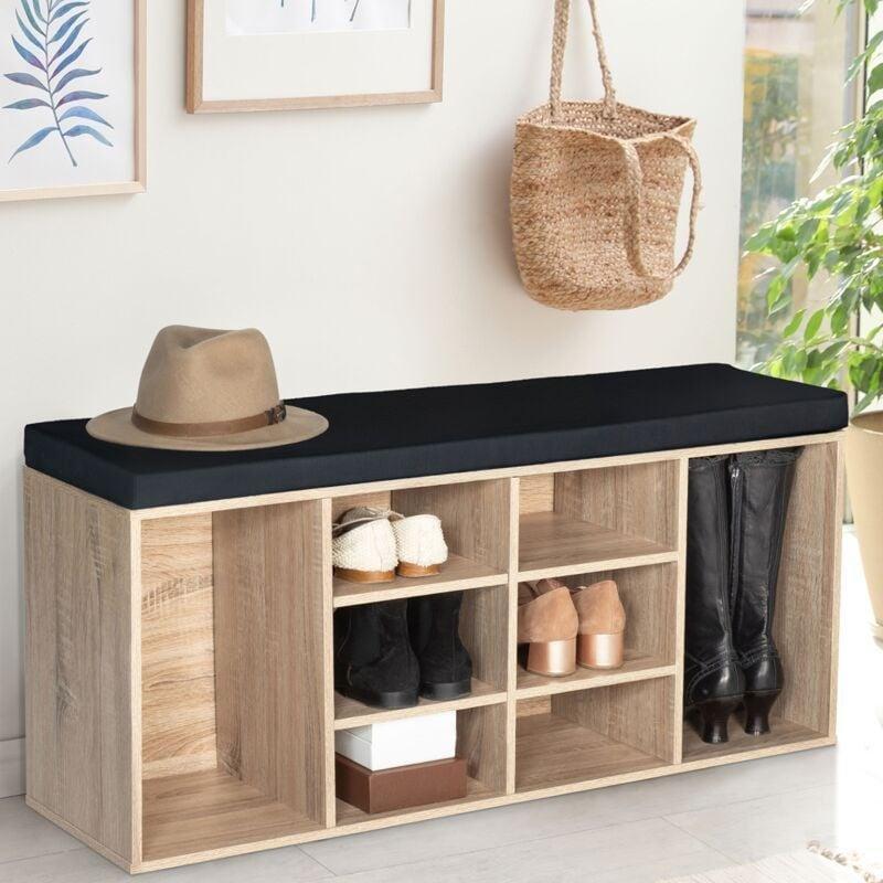 Siyah Minderli Endüstriyel Ahşap Çok Bölmeli Oturaklı Ayakkabılık - 104x30x48 cm - 119627