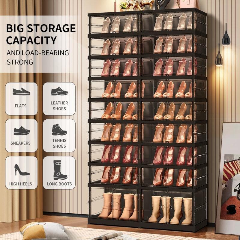 Siyah Plastik 9 Katlı Katlanır Şeffaf Kapaklı Portatif Ayakkabılık - 87x35x170 cm - 120889