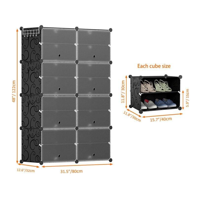 Siyah PP Malzeme Modüler 8 Bölmeli Kapaklı Plastik Ayakkabılık - 80 x 32 x 92 cm - 121012