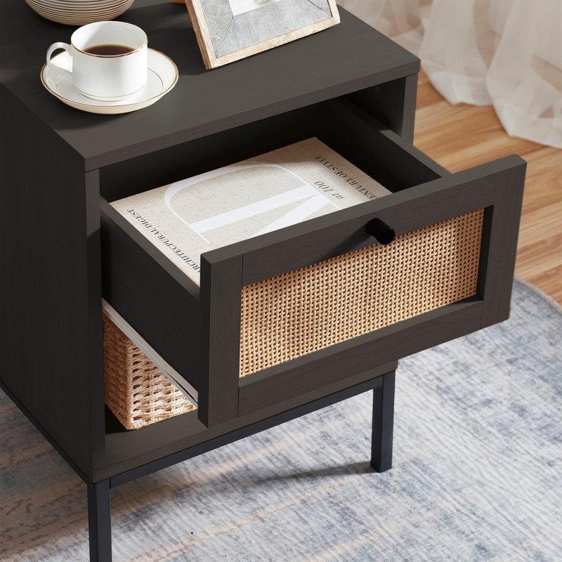 Siyah Rattan Detaylı Çekmeceli Metal Ayaklı Komodin - 40x40x56 cm - 127082
