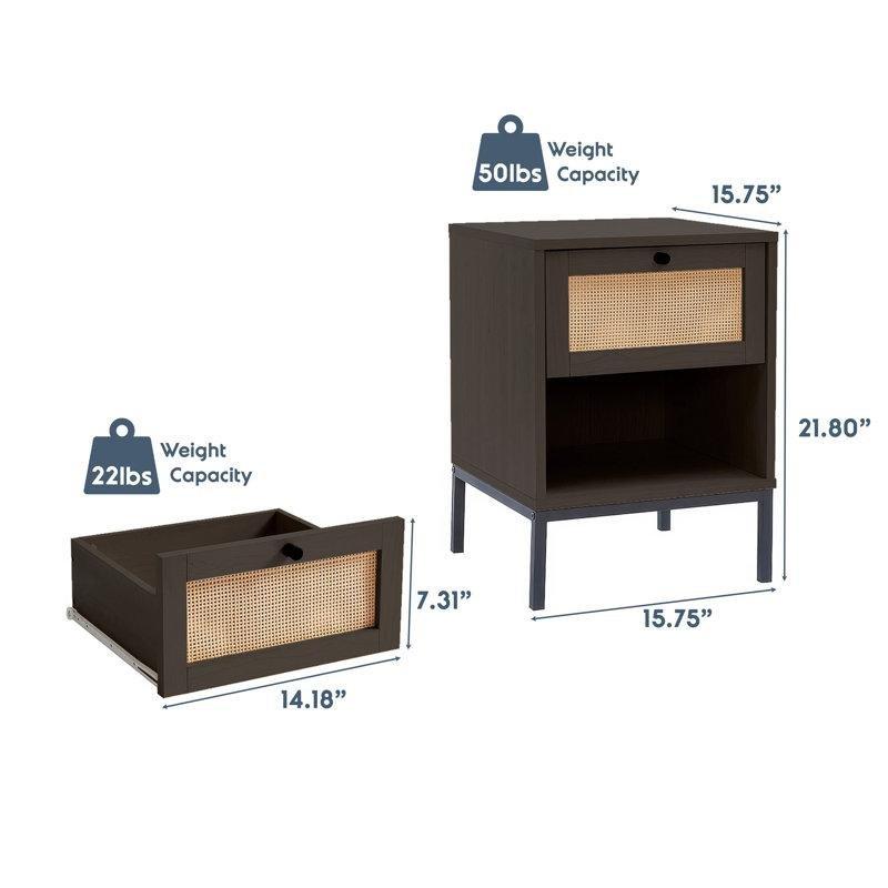 Siyah Rattan Detaylı Çekmeceli Metal Ayaklı Komodin - 40x40x56 cm - 127082