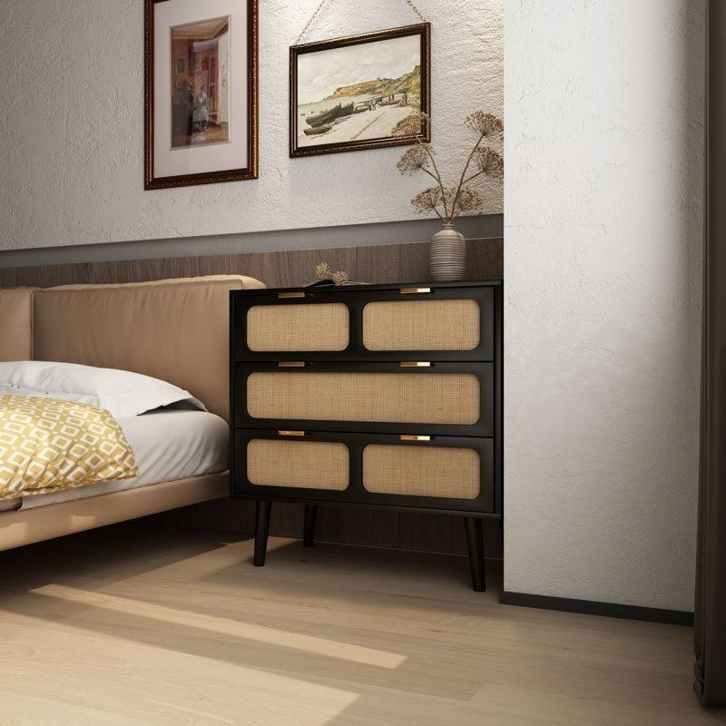 Siyah Rattan ve MDF Üç Çekmeceli Gold Kulplu Geniş Komodin - 80x80x35 cm - 127226