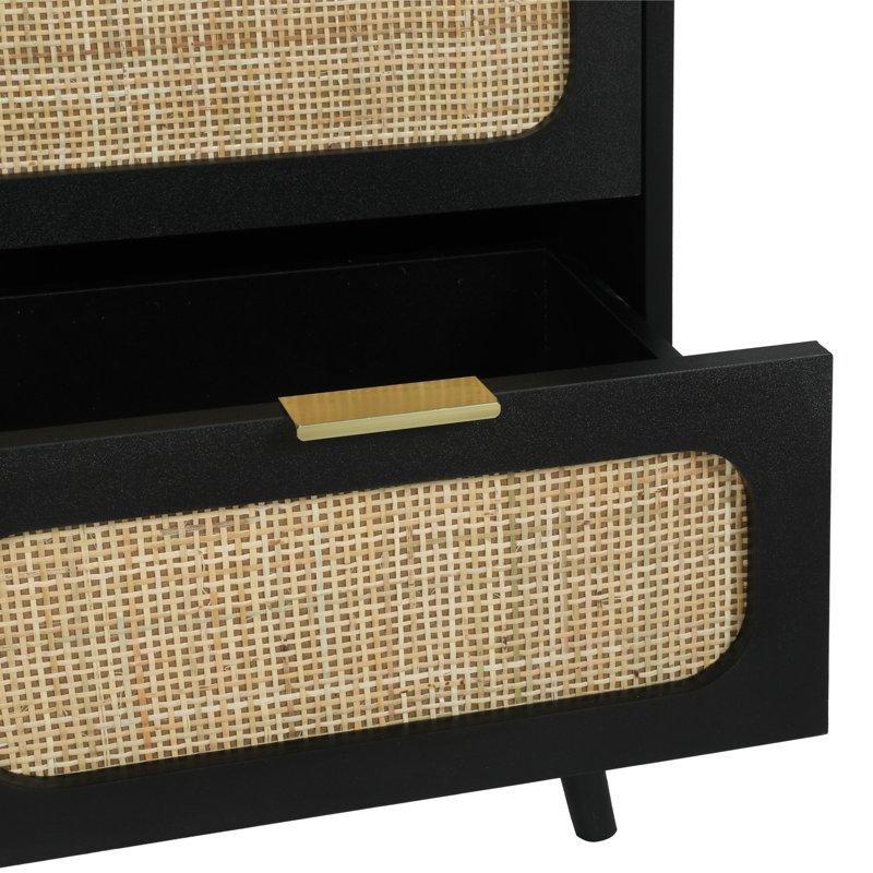 Siyah Rattan ve MDF Üç Çekmeceli Gold Kulplu Geniş Komodin - 80x80x35 cm - 127226