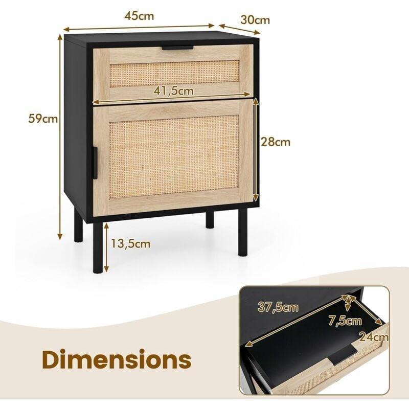 Siyah Rattan ve Metal Detaylı Çekmeceli Kapaklı İkili Komodin Seti - 45x30x59 cm - 127640