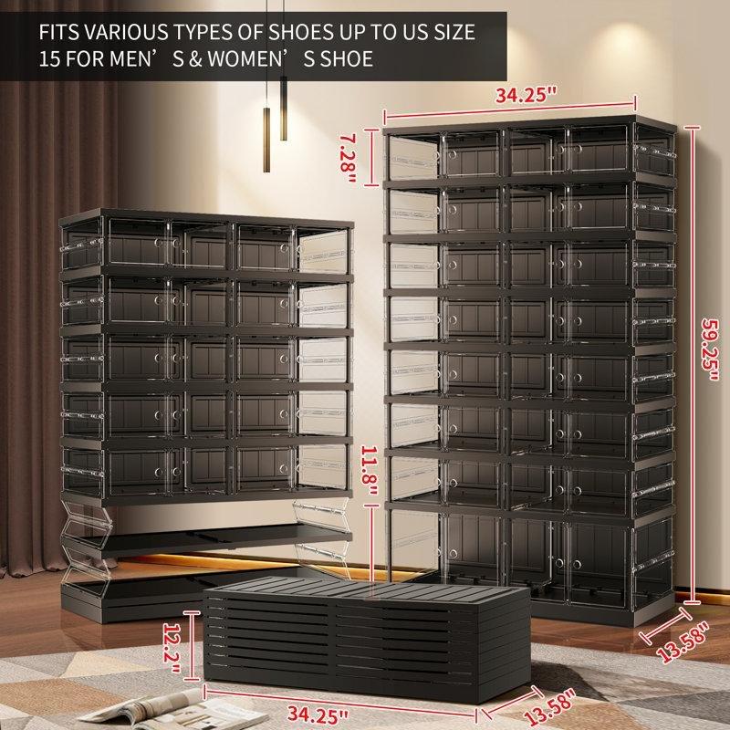 Siyah Şeffaf Kapaklı Katlanabilir 8 Katlı Tekerlekli Plastik Ayakkabılık - 87x35x151 cm - 121093
