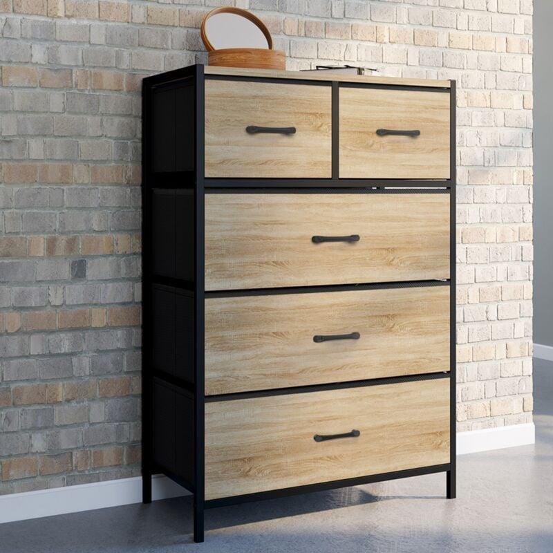Siyah ve Ahşap Görünümlü Metal İskeletli 5 Çekmeceli Endüstriyel Şifonyer - 60x30x90 cm - 123545