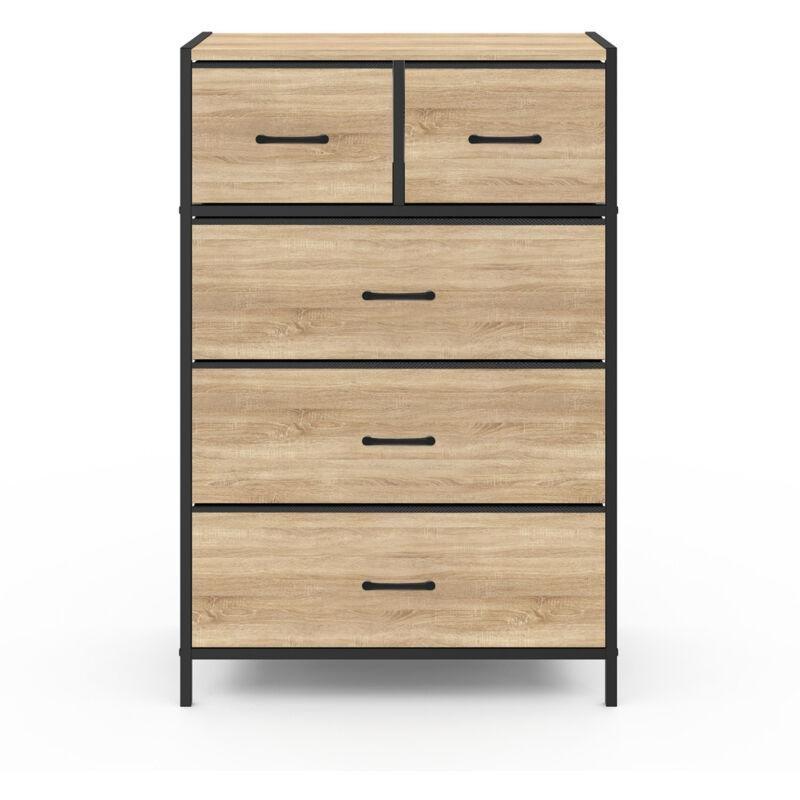 Siyah ve Ahşap Görünümlü Metal İskeletli 5 Çekmeceli Endüstriyel Şifonyer - 60x30x90 cm - 123545