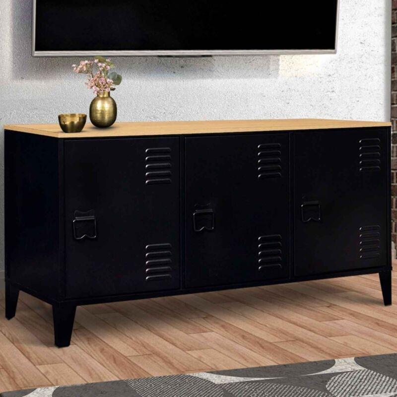 Siyah ve Bej Metal ve Endüstriyel Ahşap 3 Kapaklı Kablo Çıkışlı Konsol - 113x40x53 cm - 129270