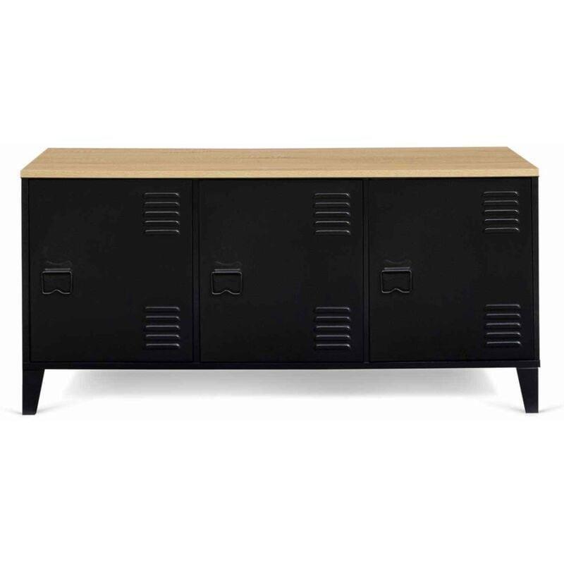 Siyah ve Bej Metal ve Endüstriyel Ahşap 3 Kapaklı Kablo Çıkışlı Konsol - 113x40x53 cm - 129270