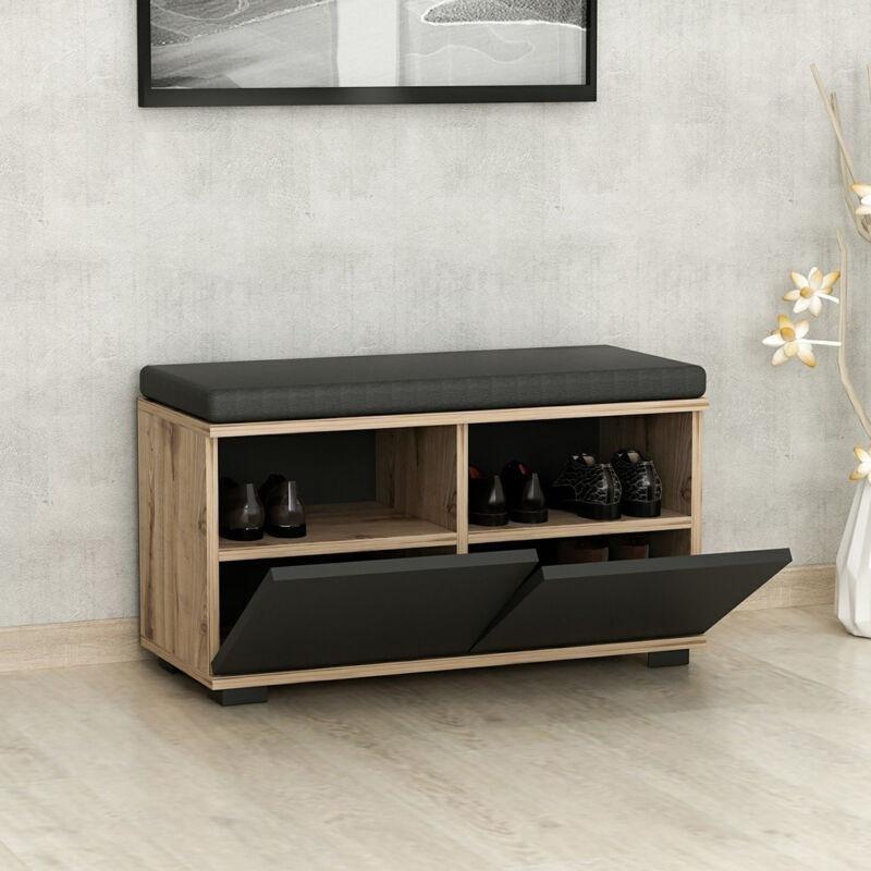 Siyah ve Meşe Endüstriyel Ahşap Minderli 2 Kapaklı Puflu Ayakkabılık - 80x35x42 cm - 119784