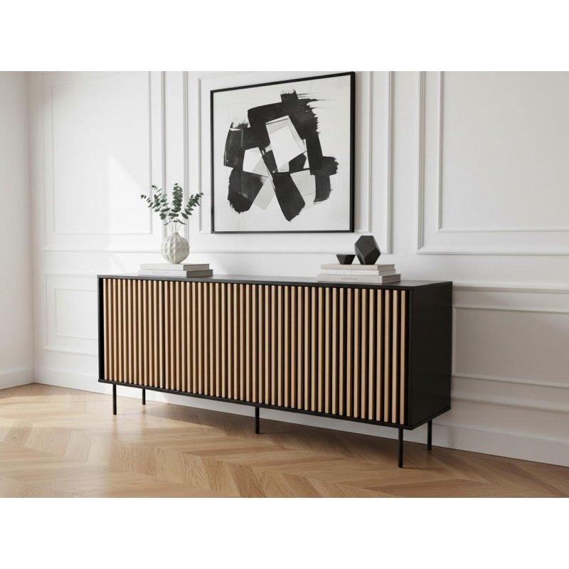 Siyah ve Meşe Masif Çam Çıtalı 5 Kapaklı Konsol - 220x40x80 cm - 129567
