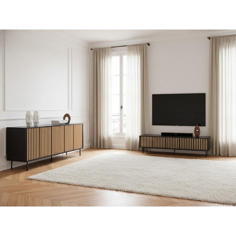 Siyah ve Meşe Masif Çam Çıtalı Tasarım Konsol - 220 cm - 129408