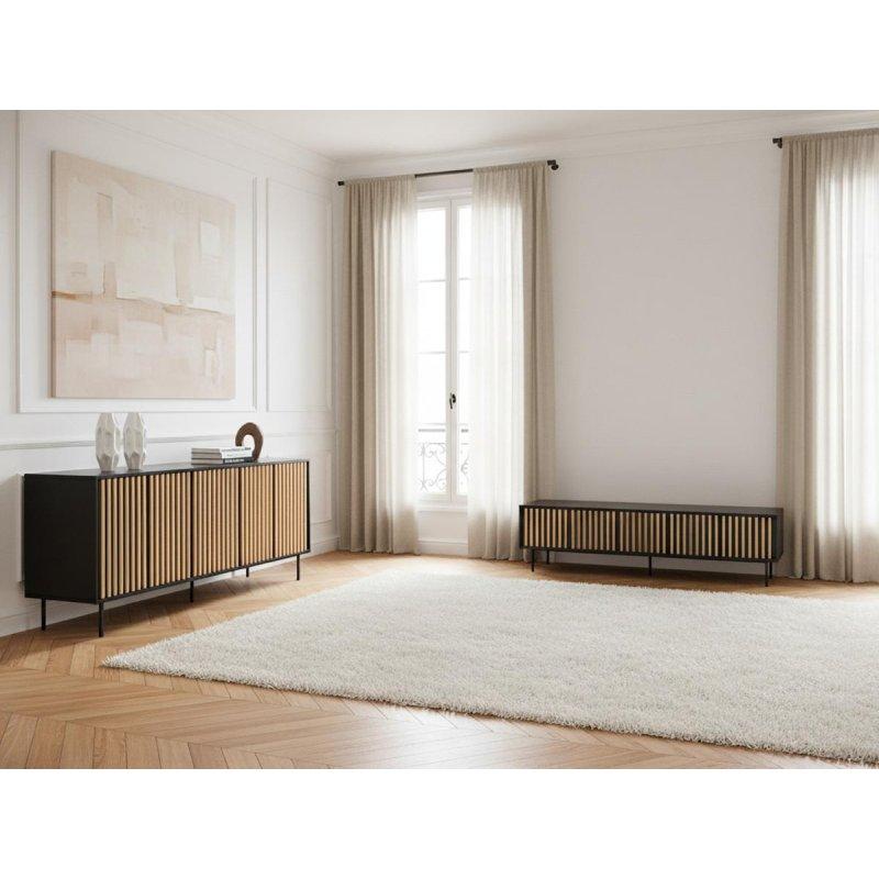 Siyah ve Meşe Masif Çam Çıtalı Tasarım Konsol - 220 cm - 129408