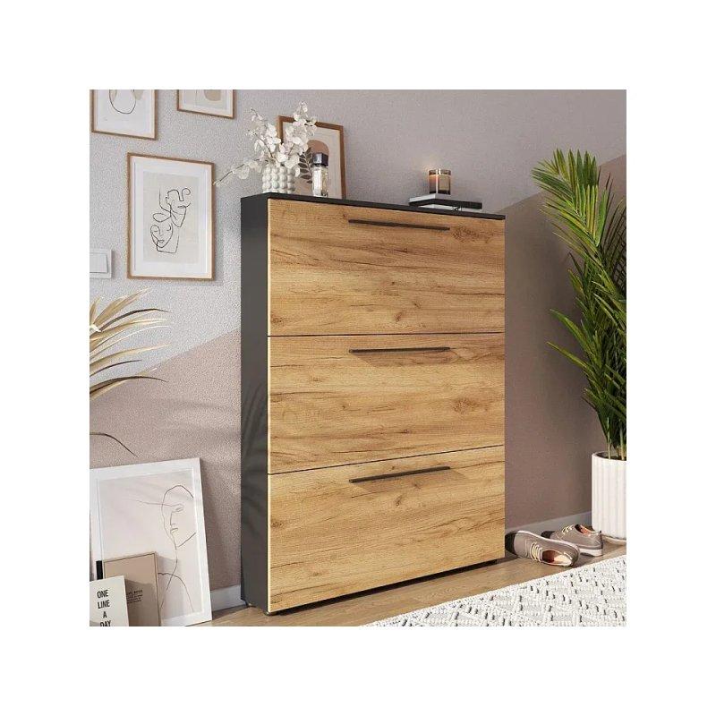 Siyah ve Meşe MDF 3 Düşer Kapaklı Metal Kulplu Ayakkabılık - 100x19x129 cm - 118378