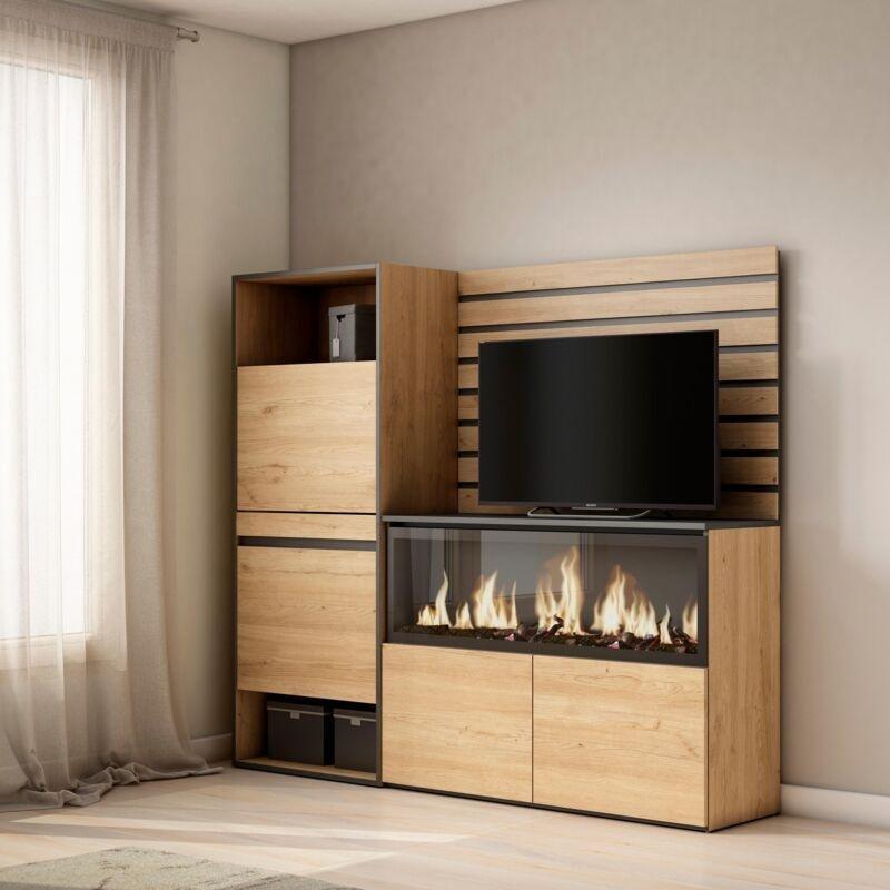 Siyah ve Meşe Melamin Kaplama XXL Elektrikli Şömineli Ayakkabılık Bölmeli Konsol - 167x145x35 cm - 129291