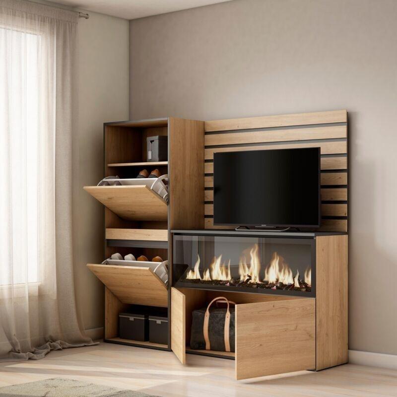 Siyah ve Meşe Melamin Kaplama XXL Elektrikli Şömineli Ayakkabılık Bölmeli Konsol - 167x145x35 cm - 129291