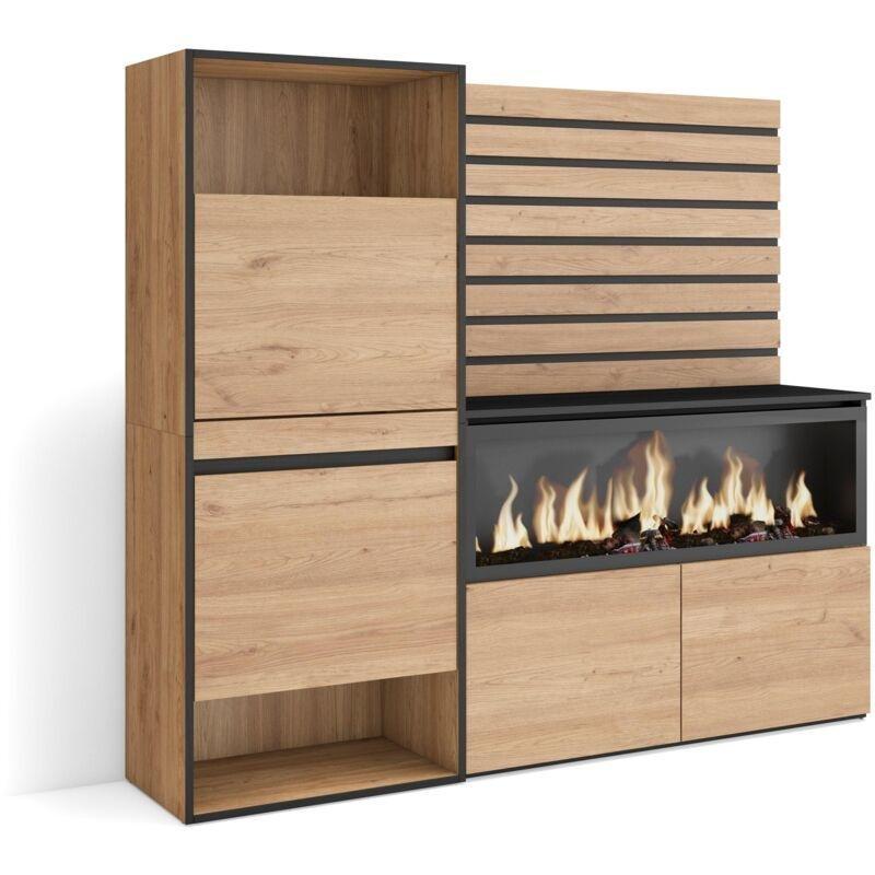 Siyah ve Meşe Melamin Kaplama XXL Elektrikli Şömineli Ayakkabılık Bölmeli Konsol - 167x145x35 cm - 129291