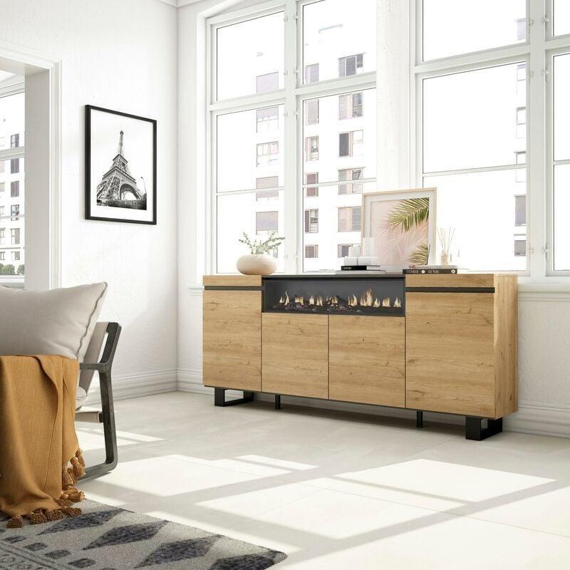 Siyah ve Meşe Şömineli 4 Kapaklı Konsol - 200x35x87 cm - 129302