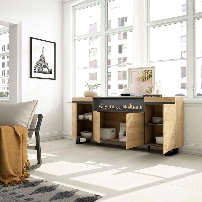 Siyah ve Meşe Şömineli 4 Kapaklı Konsol - 200x35x87 cm - 129302
