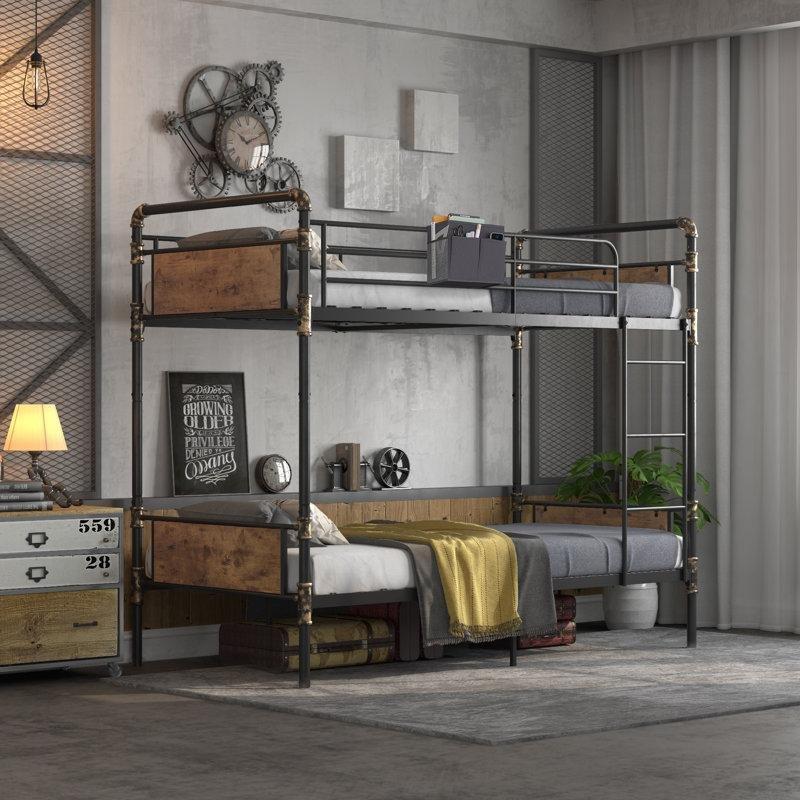 Siyah Vintage Ahşap Detaylı Metal Ayrılabilir Özellikli Endüstriyel Ranza - 105x200x173 cm - 124161
