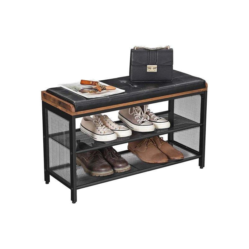 Siyah Vintage Kahverengi Metal Ahşap Oturaklı Ayakkabılık - 80x30x48 cm - 118291