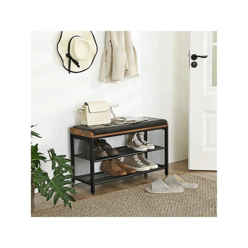 Siyah Vintage Kahverengi Metal Ahşap Oturaklı Ayakkabılık - 80x30x48 cm - 118291