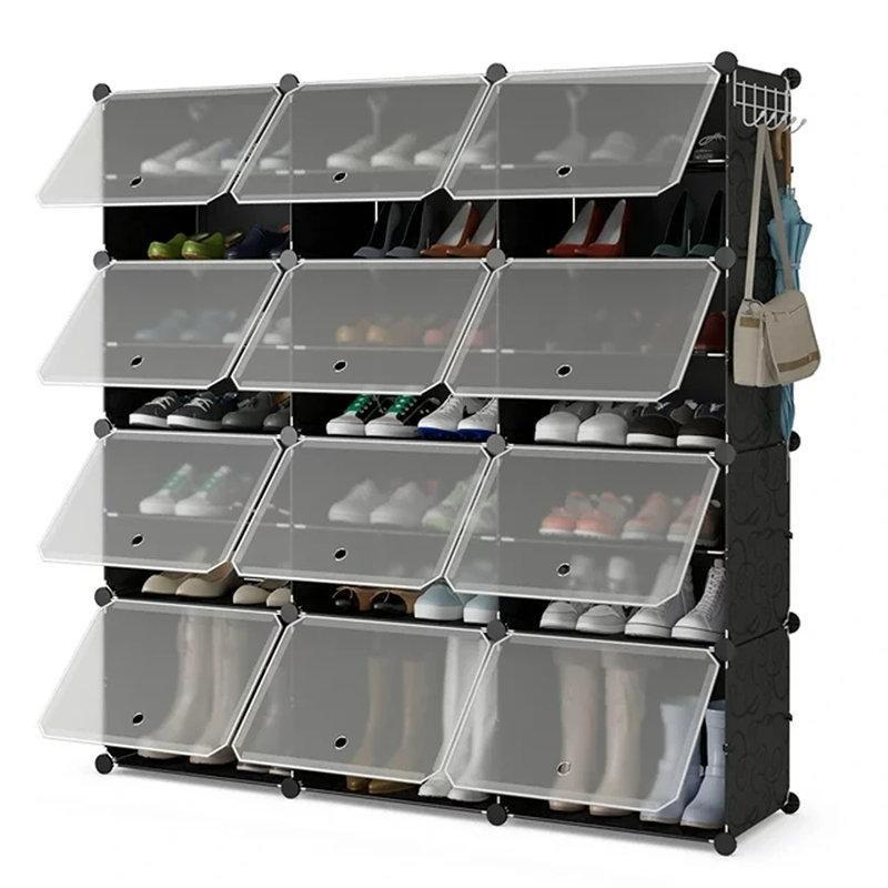 Siyah Yarı Saydam Kapaklı PP ve Çelik 48 Çift Kapasiteli Modüler Plastik Ayakkabılık - 125x125 cm - 121030