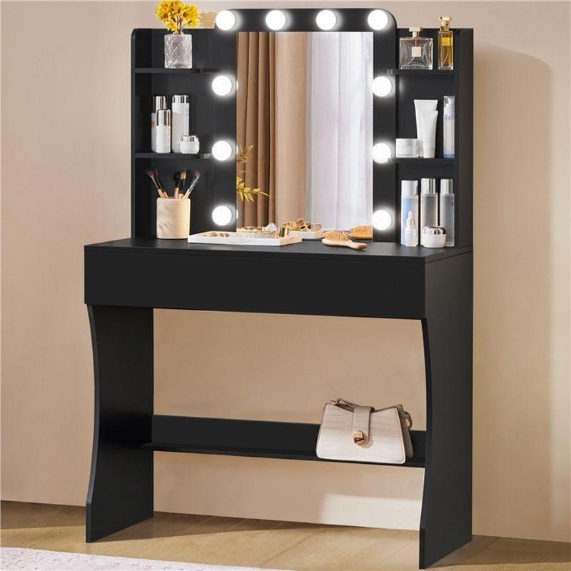 Siyah Yonga Levha 10 LED Işıklı 2 Çekmeceli ve 6 Raflı Makyaj Masası - 90x40x136 cm - 122209