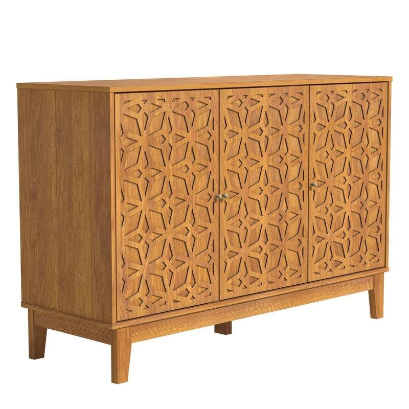 Turuncu Endüstriyel Ahşap Geometrik Desenli 3 Kapaklı Konsol - 117x40x78 cm - 128713