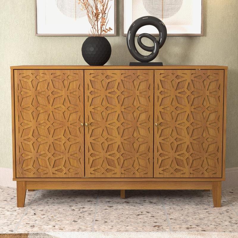 Turuncu Endüstriyel Ahşap Geometrik Desenli 3 Kapaklı Konsol - 117x40x78 cm - 128713