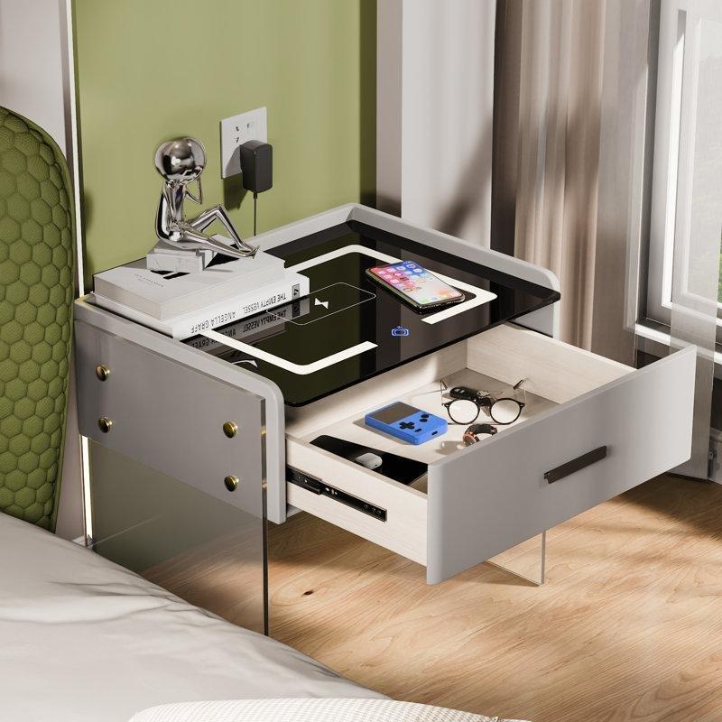 Turuncu MDF ve Temperli Cam Kablosuz Şarjlı Bluetooth Hoparlörlü Komodin - 51x39x68 cm - 128137