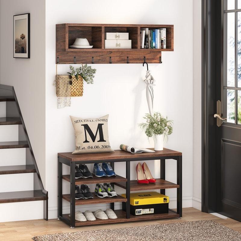 Vintage Kahverengi Endüstriyel Ahşap Metal İskeletli Askılı Ayakkabılık Bench - 80x30 cm - 120541