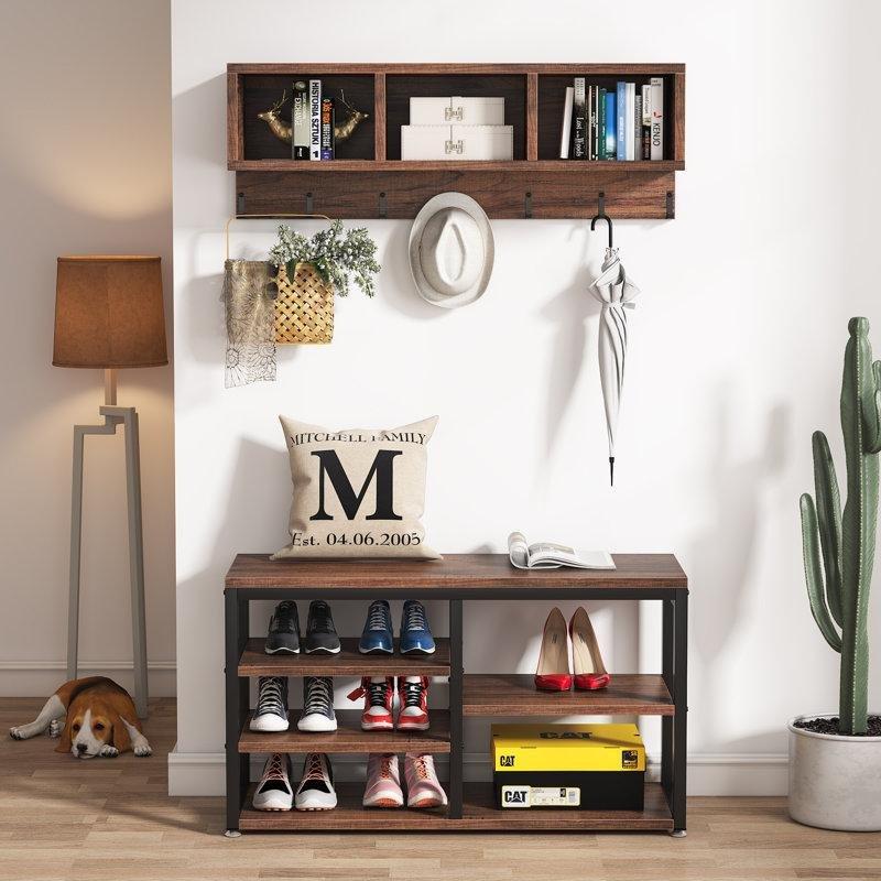 Vintage Kahverengi Endüstriyel Ahşap Metal İskeletli Askılı Ayakkabılık Bench - 80x30 cm - 120541