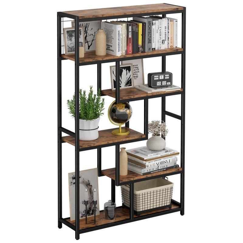 Vintage Kahverengi Metal ve MDF 6 Raflı Geometrik Tasarım Kitaplık - 100x30x178 cm - 142000