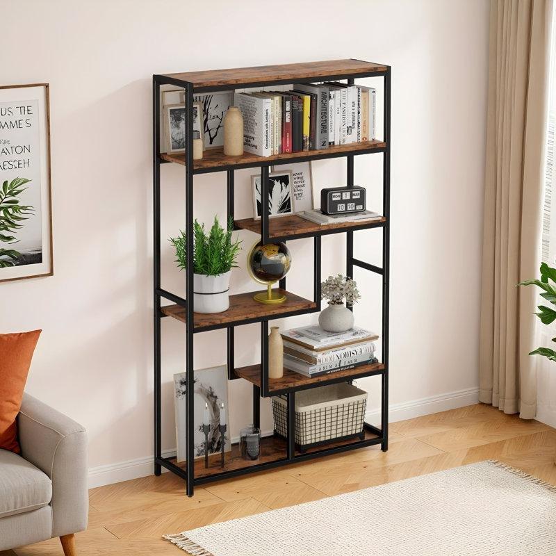 Vintage Kahverengi Metal ve MDF 6 Raflı Geometrik Tasarım Kitaplık - 100x30x178 cm - 142000