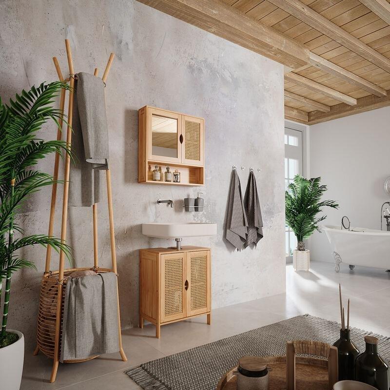 Yeşil Bambu Hasır Aynalı Hasır Banyo Dolabı-56x58x13 cm - 114211