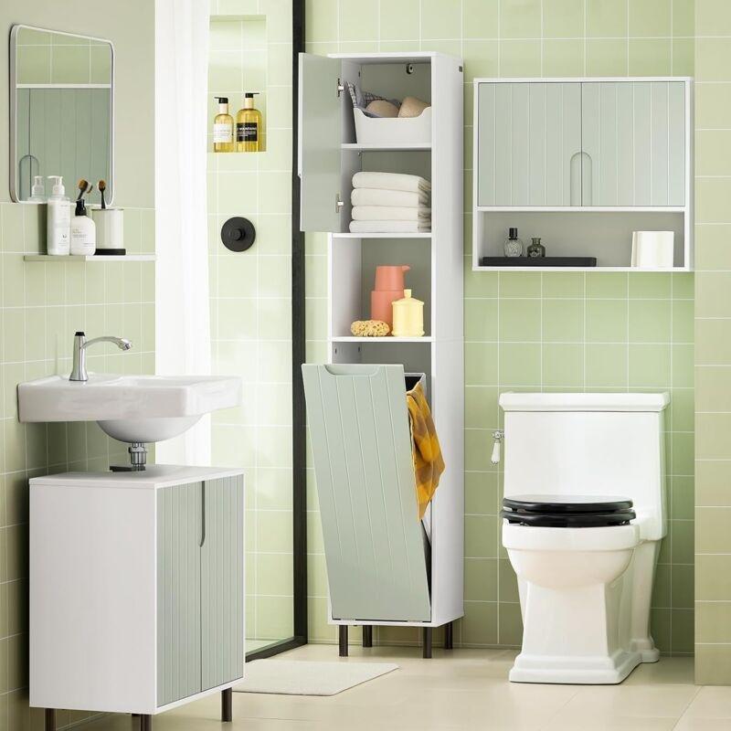 Yeşil Beyaz MDF ve Yonga Levha Kirli Sepetli Raflı Banyo Dolabı-31x30x167 cm - 113703