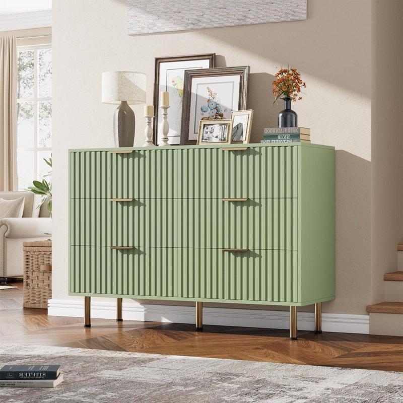 Yeşil Endüstriyel Ahşap Yivli Tasarım Gold Ayaklı 6 Çekmeceli Şifonyer - 120x40x85 cm - 124086