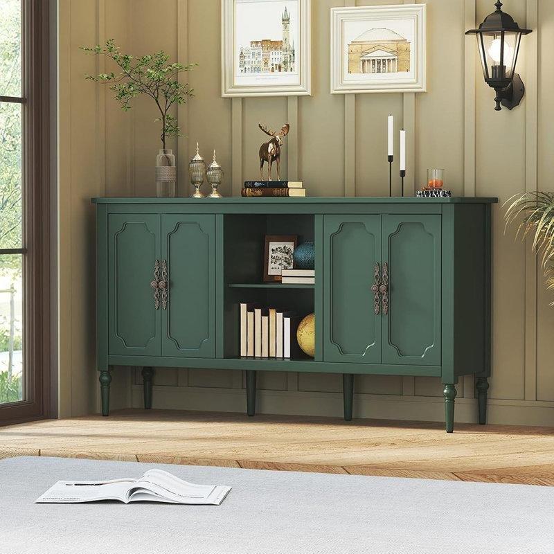 Yeşil Masif Ahşap Ayaklı 4 Kapaklı Bronz Kulp Detaylı Konsol - 150x40x80 cm - 129061