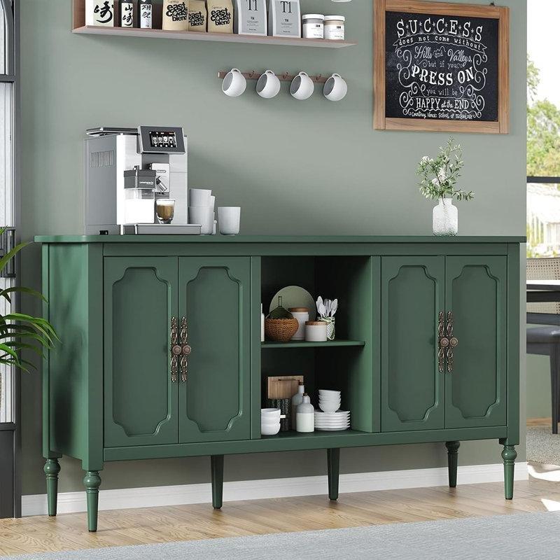 Yeşil Masif Ahşap Ayaklı 4 Kapaklı Bronz Kulp Detaylı Konsol - 150x40x80 cm - 129061
