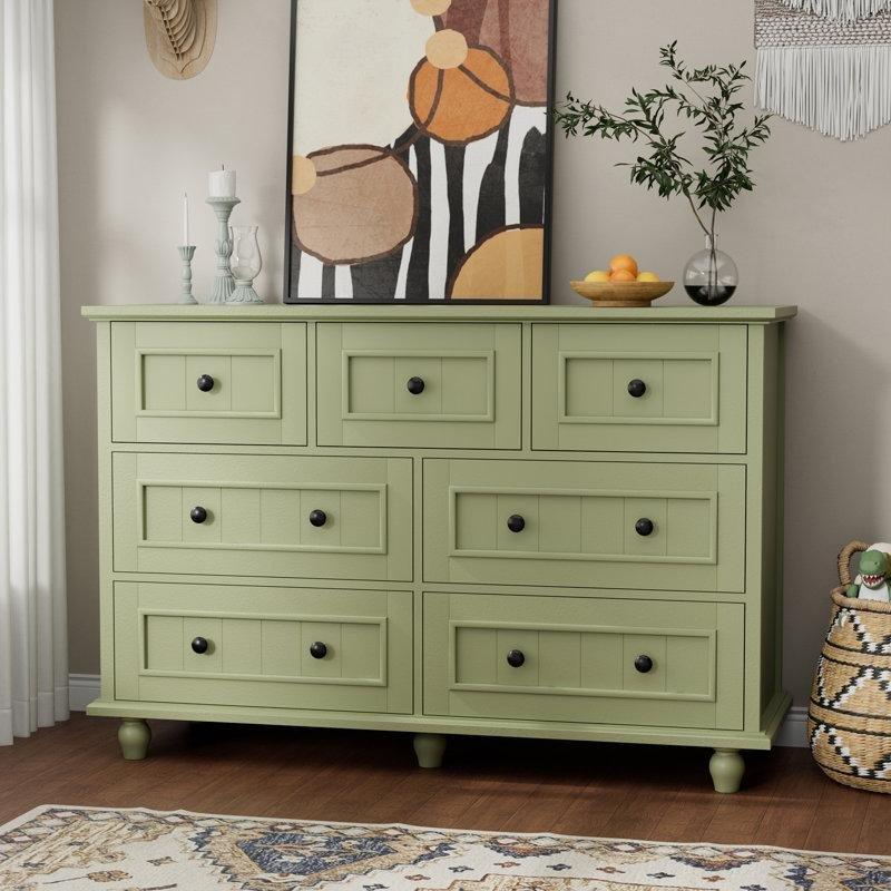 Yeşil Masif Ayaklı 7 Çekmeceli Retro Şifonyer - 120x40x80 cm - 124056