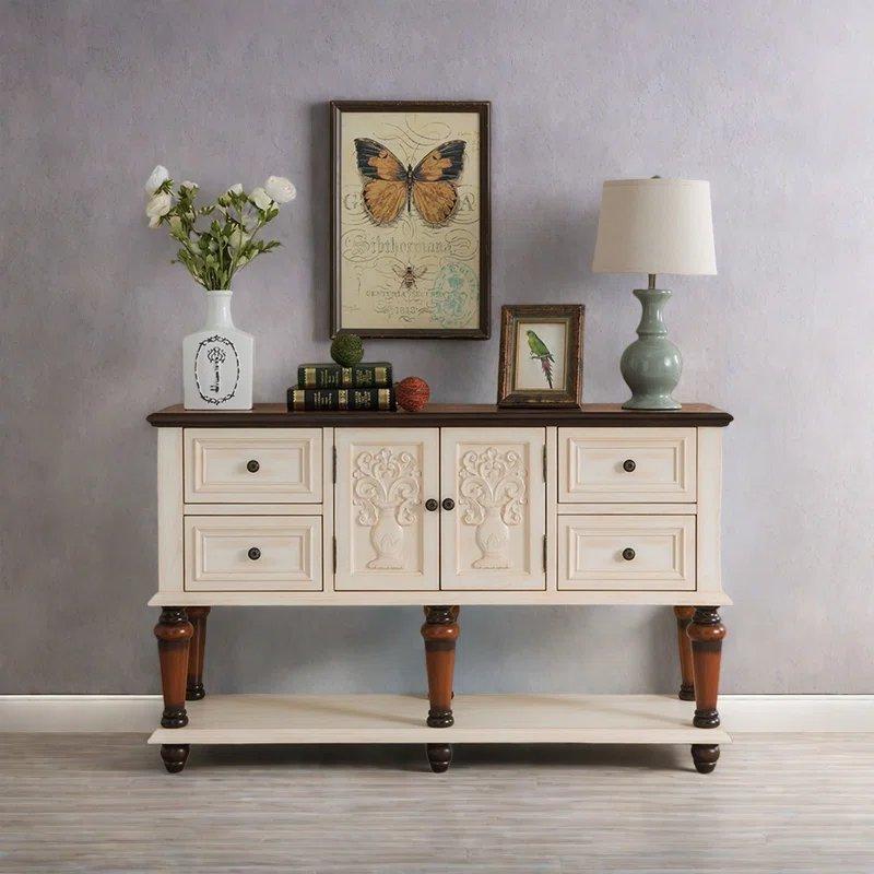 Yeşil Masif Huş Ağacı 4 Çekmeceli ve Raflı Retro Dresuar - 140 cm - 132724